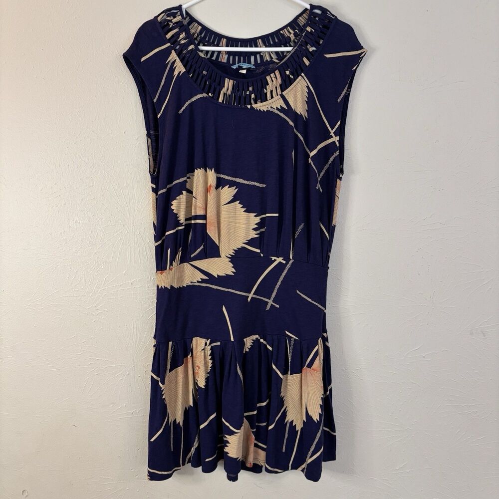 Anthropologie Women Leifnotes Dress Small Blue & Tan Midi Short Sleeve